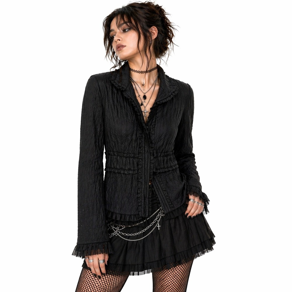 Lafayette 148 Cotton Silk Jacket 6P Black Crinkle Ruffle Whimsigoth Fairy Grunge